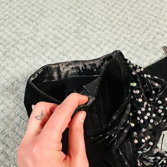 Amazing Vintage Y2K Sequin Fringe Tassel Suede Pump Pointed Toe Calf Boot Heel - Picture 9 of 9